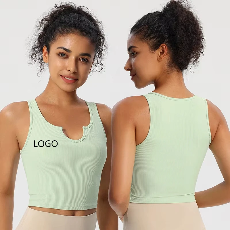 Custom Logo Women Yoga Crop Top Ribbed Sports Vest Slim Fit Small V-Neck Gym Fitness Tank Top