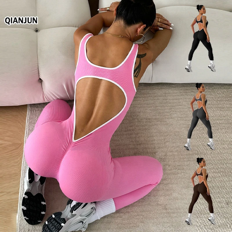 2025 Hot Sale Nylon Quick Dry Yoga Jumpsuit Hollow Beauty Back Sleeveless Active Wear Gym Fitness Ribbed Push up Bodysuit
