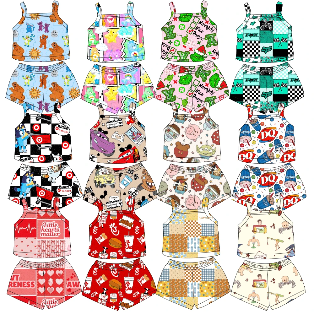 YY Hot Selling Casual Children Summer Clothes Kids Girls Lace Spandex/Bamboo Short Sleeve Custom Printing Soft Crop Top Set