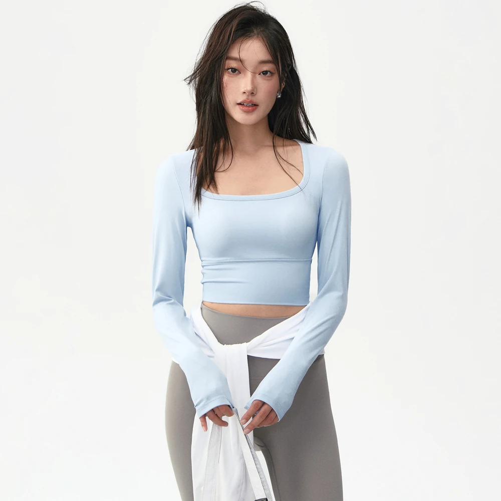 Yoga Wear Autumn/Winter Womens Long-Sleeve Fitted-Cup Moisture-wicking Nylon Spandex Waist-length Pilates Training Top