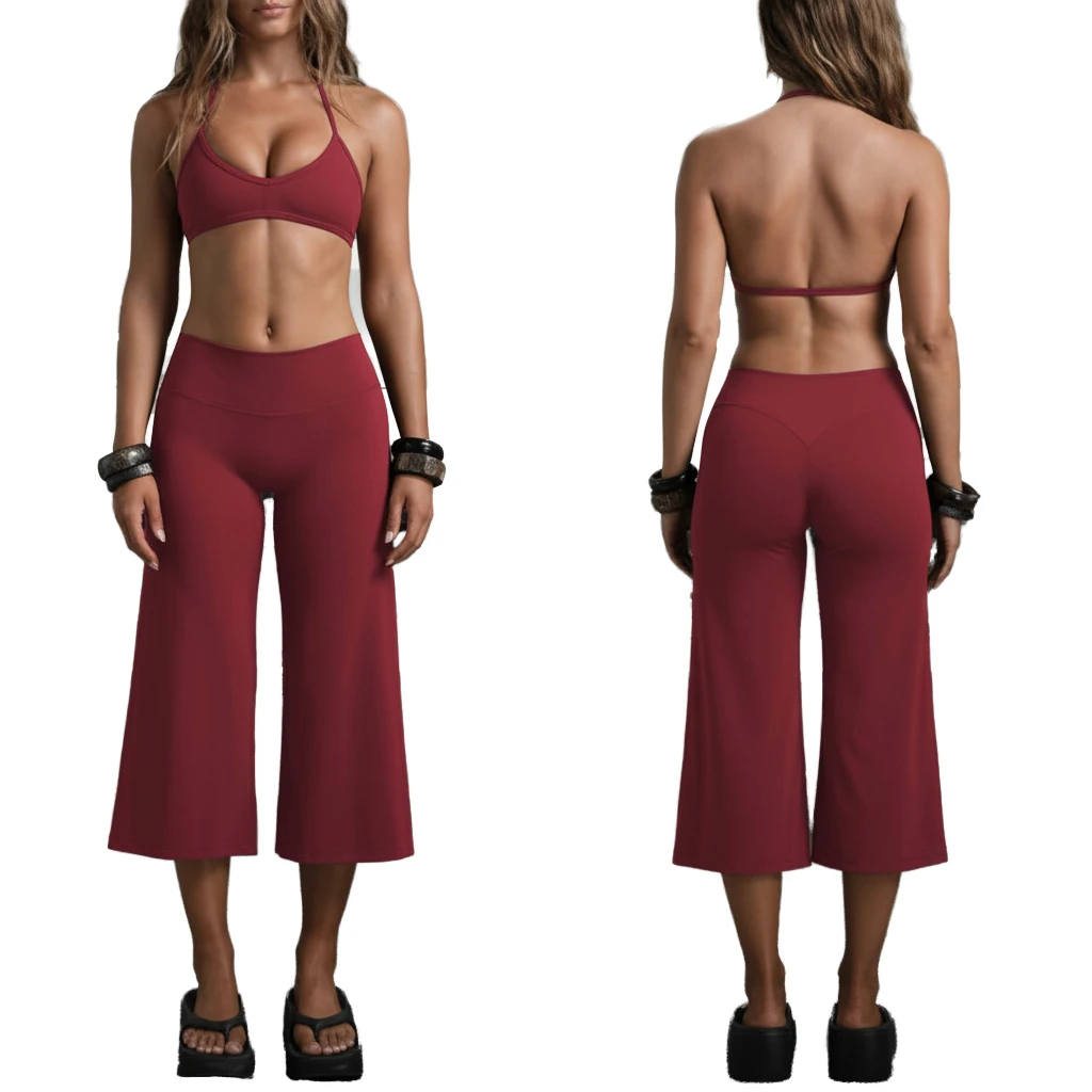 Women's Custom Solid Front 2-Piece Yoga Set Halter Neck Sports Bra Wide Leg Culotte Joggers High Waist Anti-Bacterial Seamless