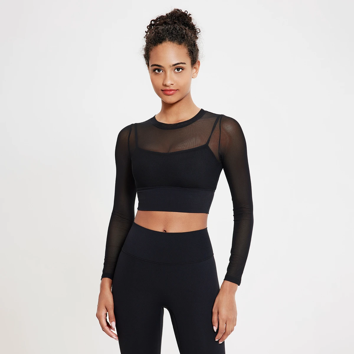 Lightweight Breathable Sexy Mesh Yoga Top Long Sleeves Pilates Fitness Sports Bra Fixed Pads Four-Way Stretch Workout Y2k