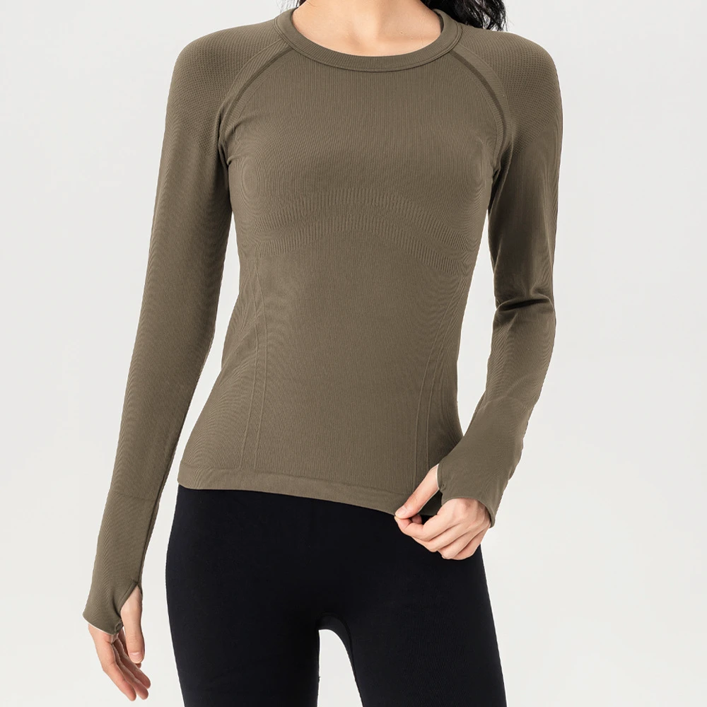 Autumn Winter Yoga Spandex/Nylon Nine Quarter Sleeve Breathable Round-neck Running Fitness Outdoor Quick-dry Slim-fit Solid Top
