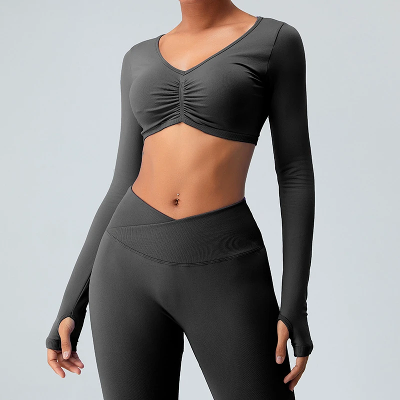 Fitness Sport Wear Tight Woman Yoga Long Sleeve Shirts Sexy Girls Navel Crop Top