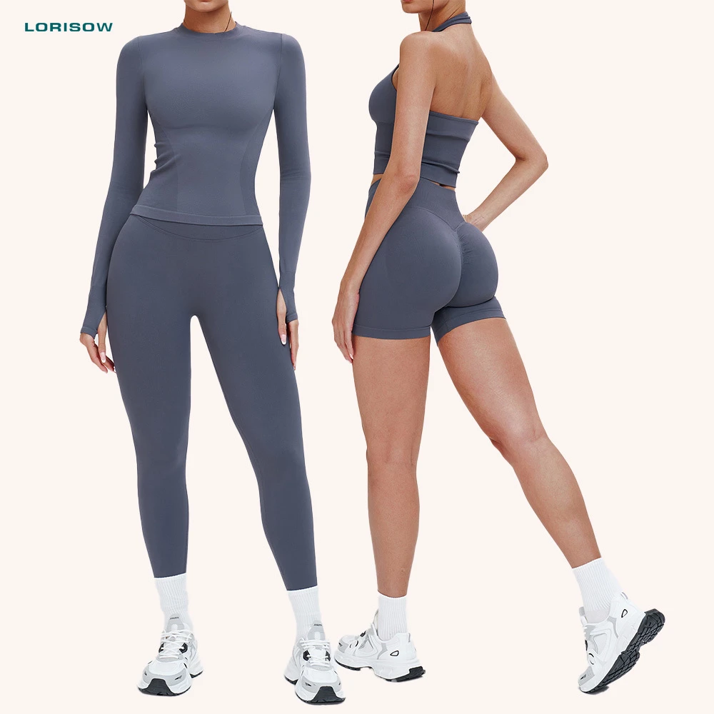 Sportswear Manufacturer Customized Women Seamless Long Sleeve Gym Fitness Clothes Workout Top High Waist Yoga Pants Leggings Set