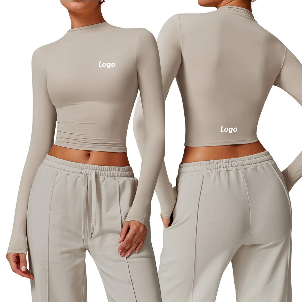 Custom Logo Women's Long Sleeve Crop Top High Neck Yoga Workout Shirt Stretch Activewear Fitness Gym Running Workout Shirt