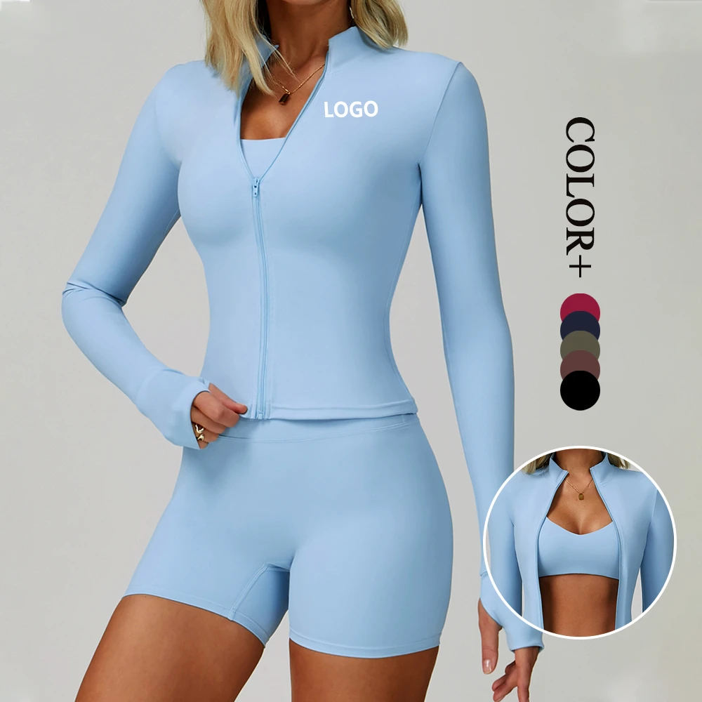 Custom High Elastic Stand Collar Long Sleeve Gym Tops Fitness Suit Zip Women Yoga Jacket Outdoor Running Sports Wear Plus Size