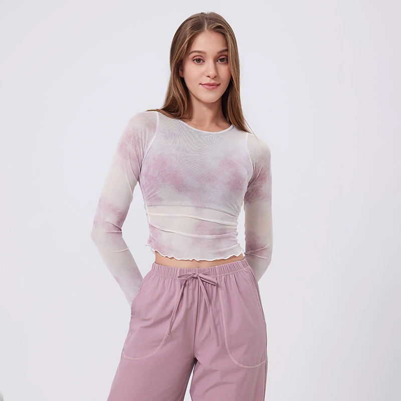 2025 Gradient Long Sleeve Activewear Top Mesh Quick Dry Slim Yoga Tops for Women Skinny Fitness Sports T Shirt With Chest Pads