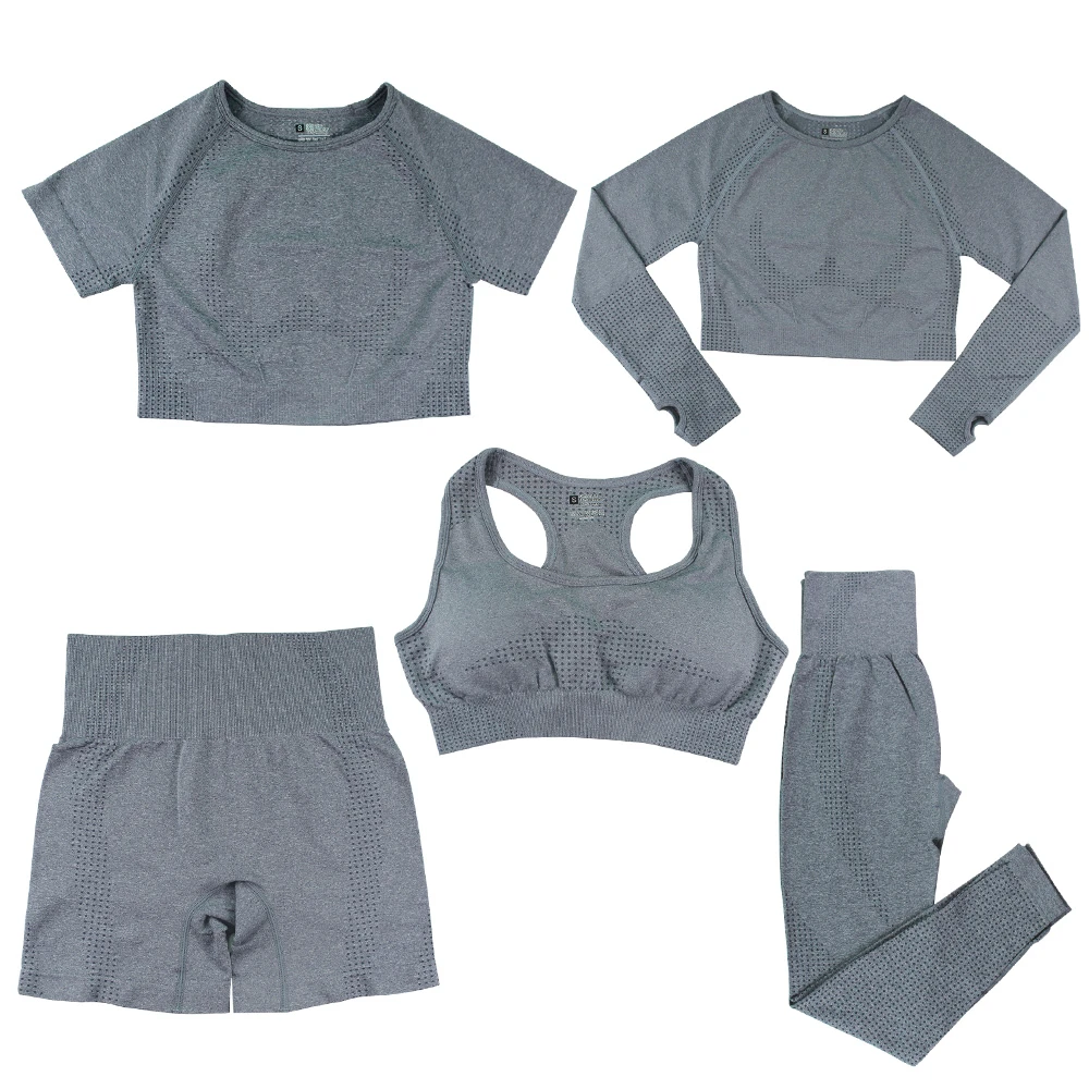 Ladies 5PCS Seamless Jacquard Yoga Suit Long Sleeve Crop Top High Elastic Peach Butt Lifting Sports Leggings