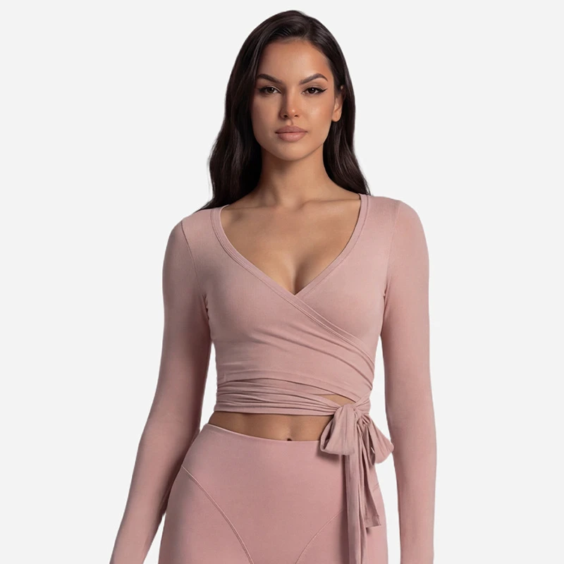 Yoga Tops Solid Color Cross Front Placket Long Sleeve Yoga Tops Ballet Yoga Wrap Women's Shirts