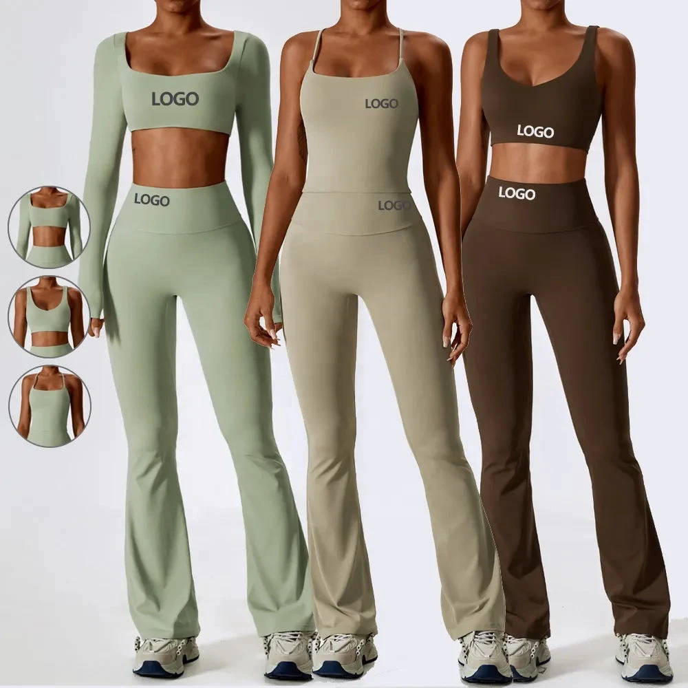 Women's Yoga Set 2-Piece Leggings Crop Top Spaghetti Strap Bra Gym Suit Cross Back Vest Flare Trousers Sportswear Spandex/Nylon