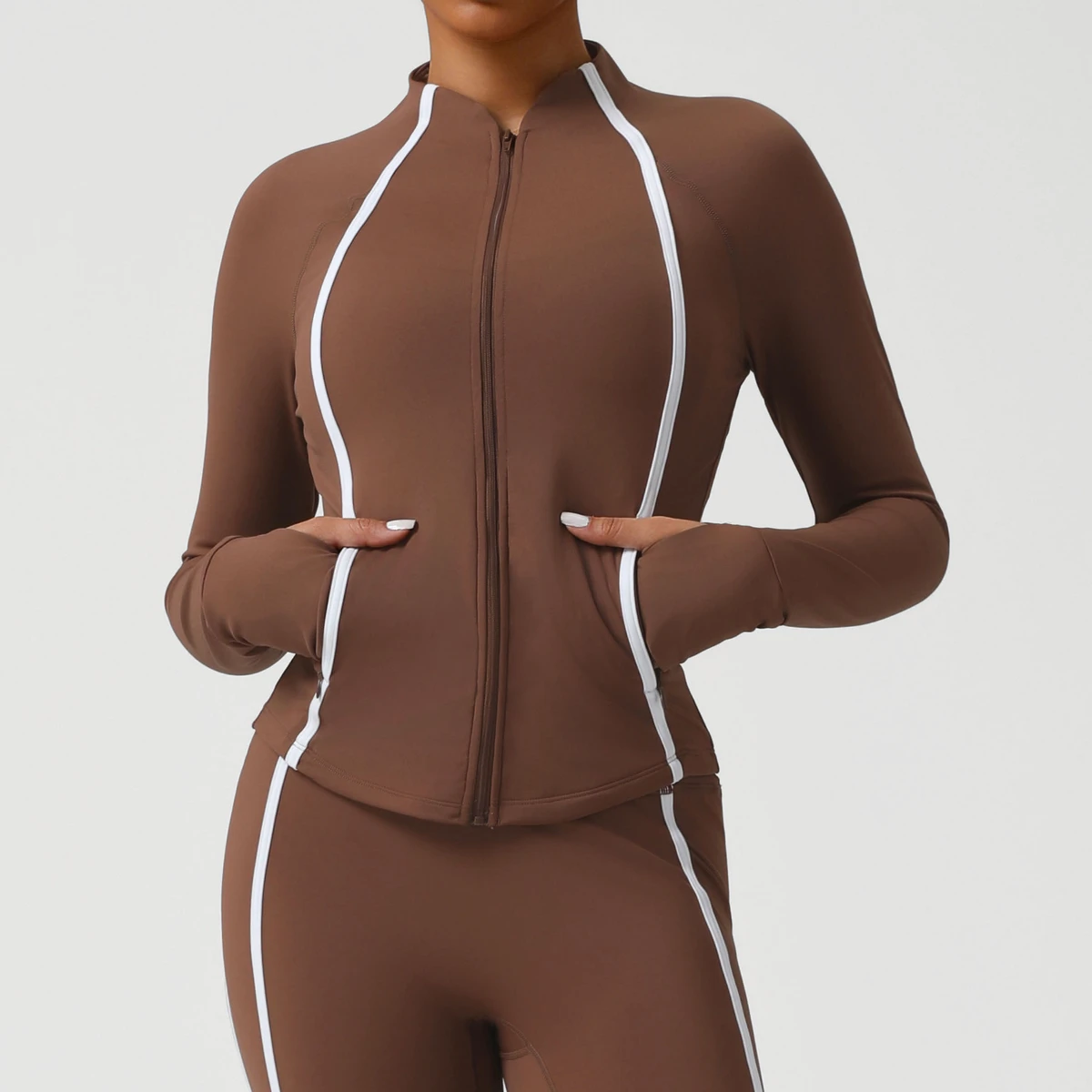 Factory New Style Autumn Winter Stand Collar Slim Yoga Jacket Women's Contrasting Color Sweat-Wicking Spandex/Nylon Top