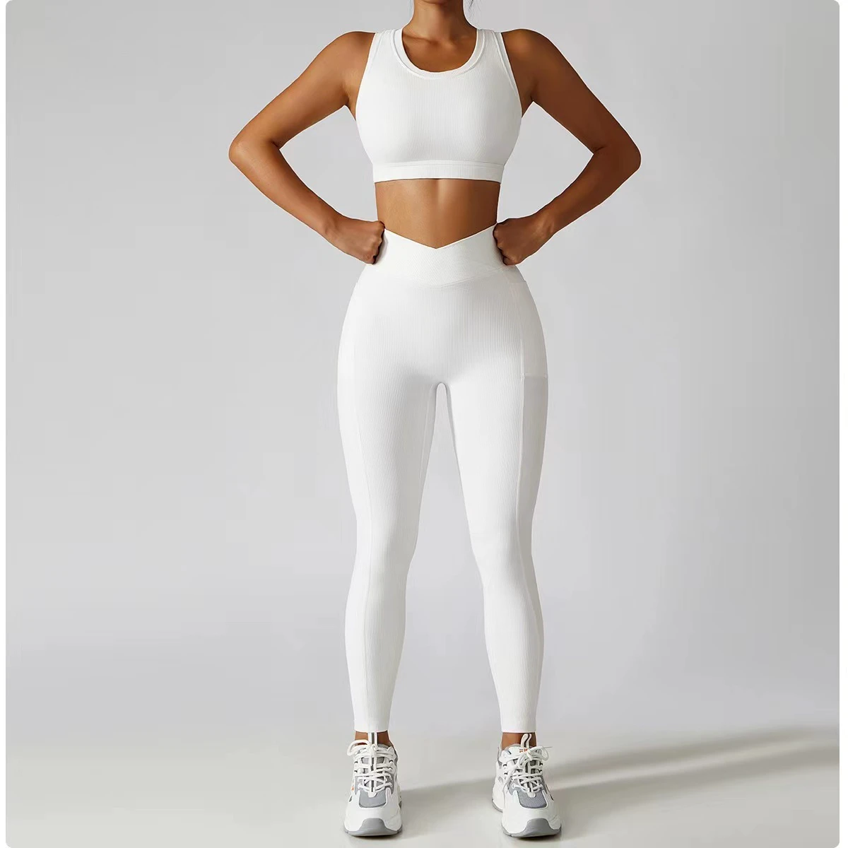 White Ribbed 2-Piece Yoga Set High Waist Seamless Leggings Crew Neck Racerback Sports Bra Full Length Activewear