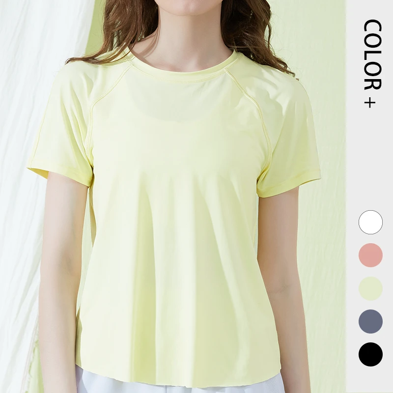 Cool Breathable Women Crew Neck Skin-friendly Cross Back Loose Yoga T-shirt Seamless Sport Top Quick Dry Yoga Top
