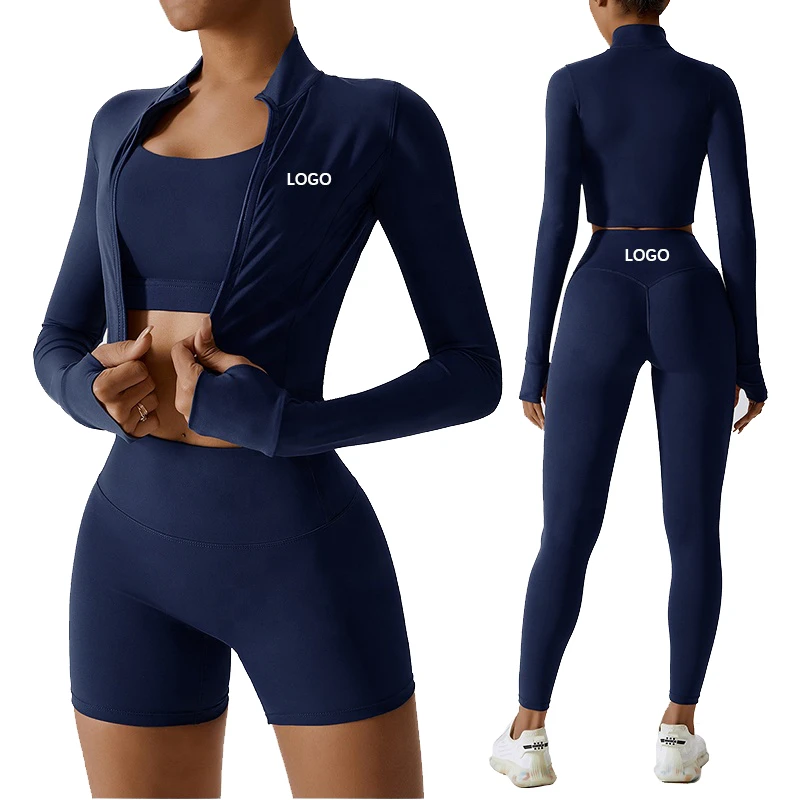 Women's Winter Workout Jacket Set Three Piece Yoga Suit Fitness Clothes Long Sleeve Crop Top Legging Gym Clothes Activewear Sets