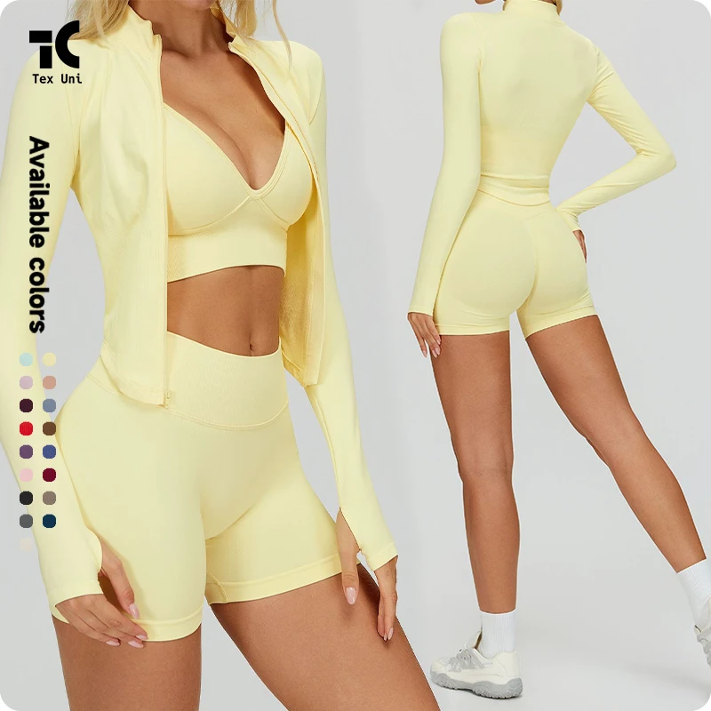 Tight Fit Seamless Long Sleeve Yoga Jacket Zipper Quick Dry Gym Wear Women's Running Sports Shirt Workout Tight Crop Top