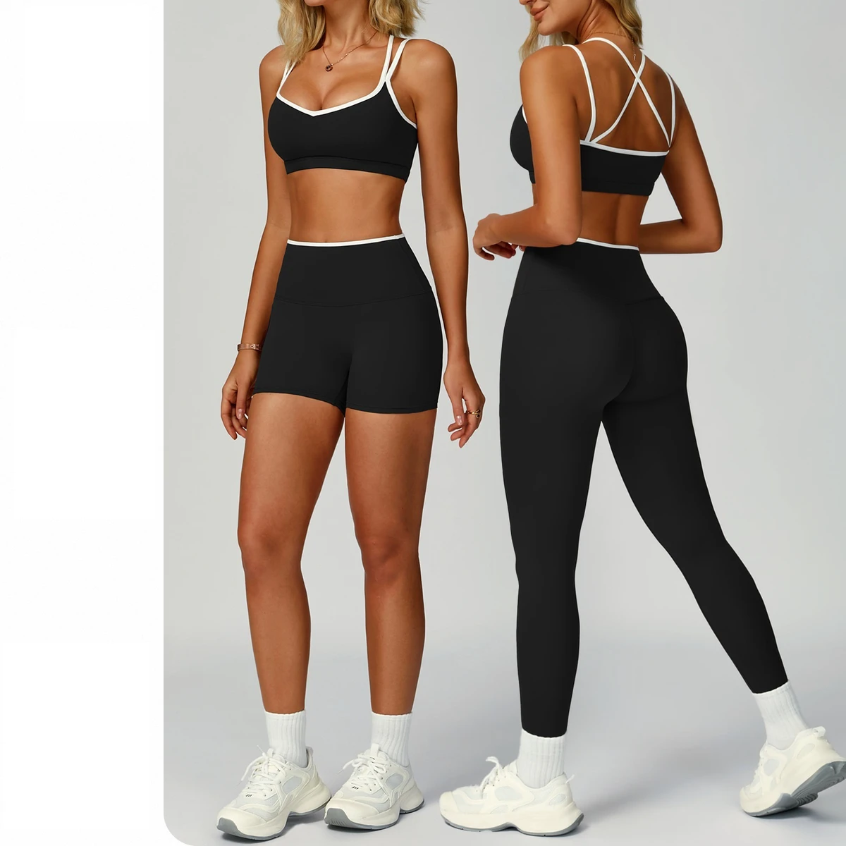 Women's Solid Tight-Fitting Elastic Waist High Sports Suit Front Logo Contrast Color Trim Sweat-Wicking Bare-Feel 5-Piece Yoga