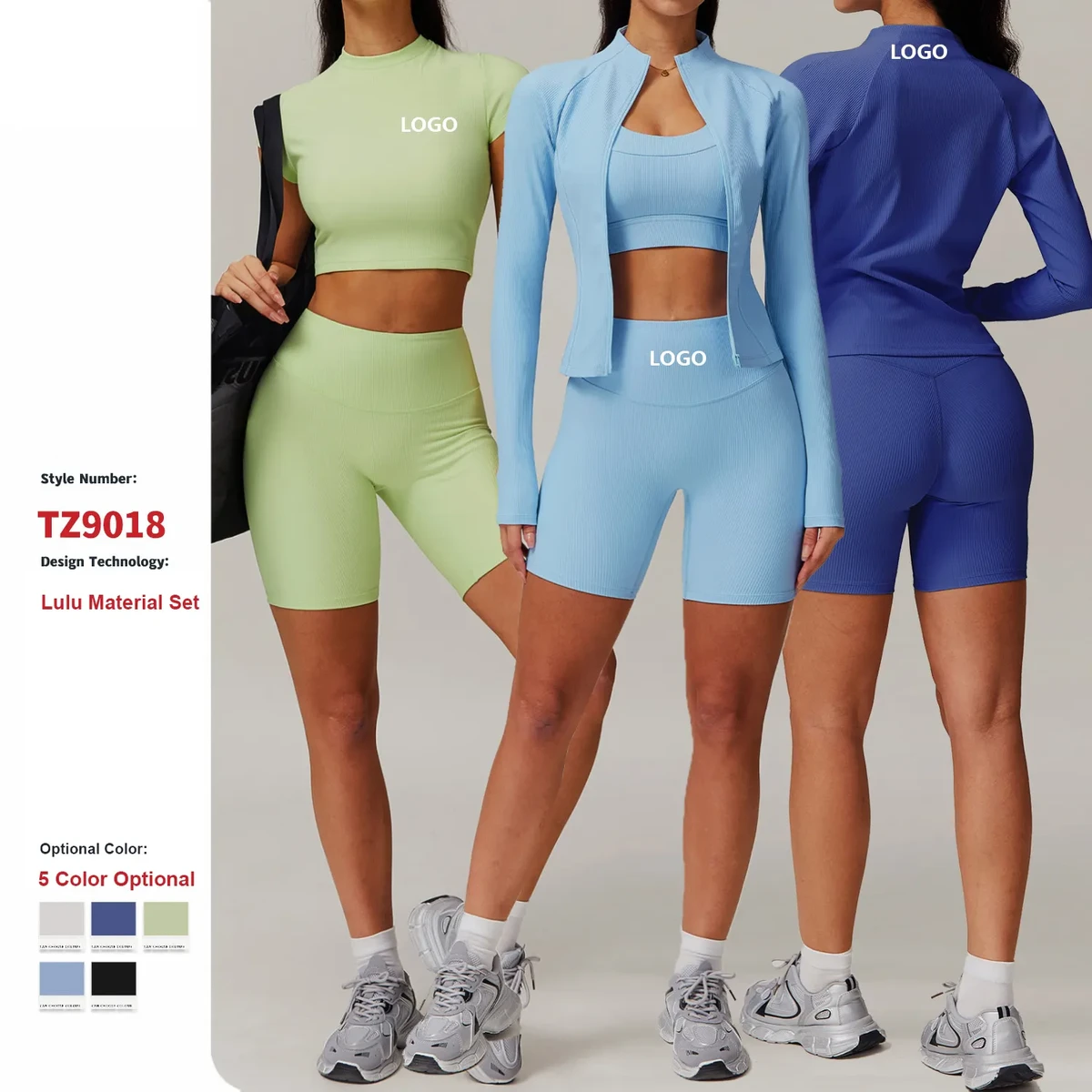Customizable 5-Piece Yoga Fitness Set Quick-Drying Zip Jacket Solid Sports Leggings Outdoor Training Bra Running Plus Size