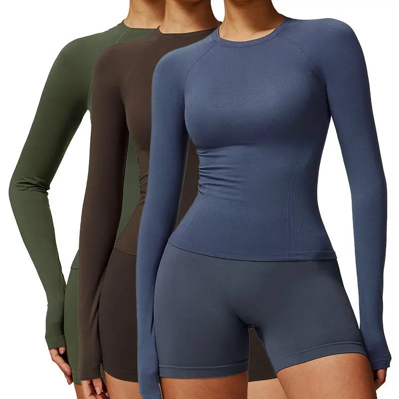 Women's High Stretch Seamless Quick-Drying Tight Long Sleeve Workout Yoga Top Breathable Running Sports Fitness T-Shirt