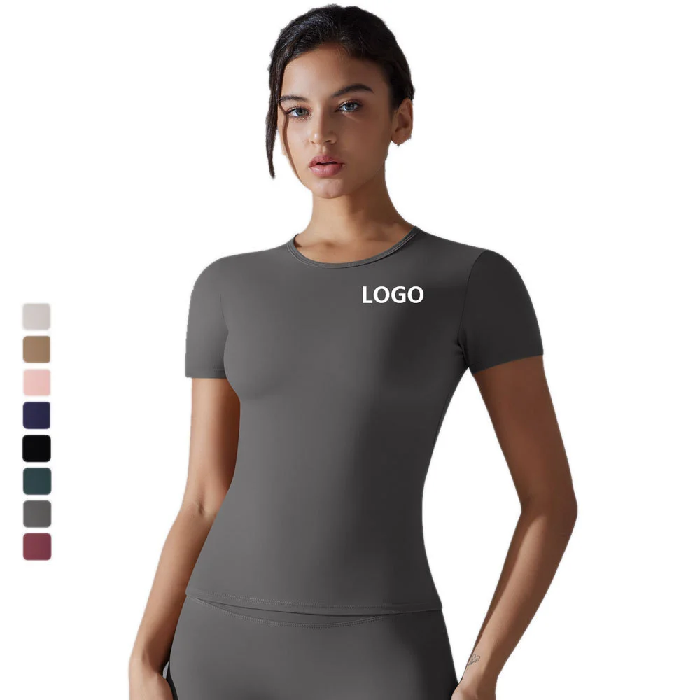 Custom Logo Women Crew Neck Full Sleeve Compression Comfortable Lightweight Plus Size Solid Yoga T Shirt Fitness Crop Tops