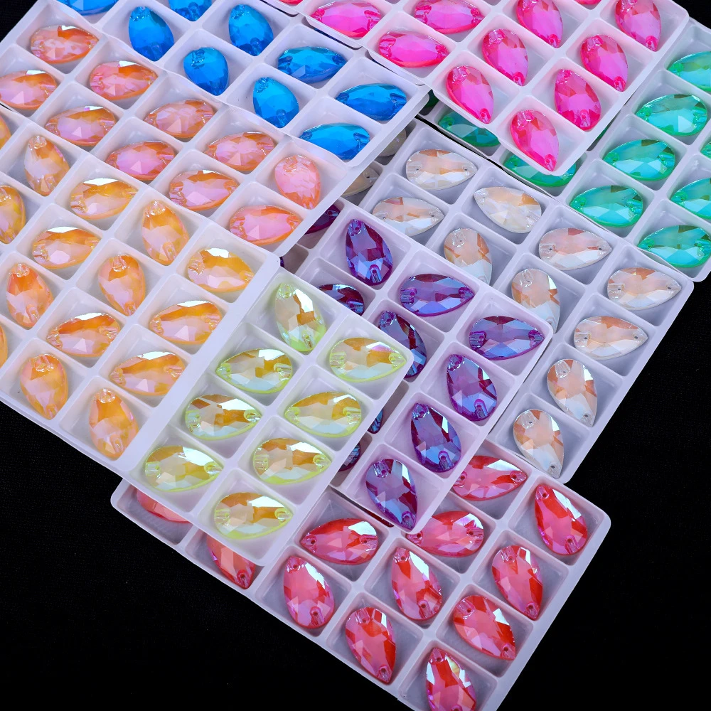 Factory Hot Sale Water Drop Shape Neon Fluorescent Glow Gems Glass Sew on Rhinestones for Dance Costume Dress Cloth Accessories
