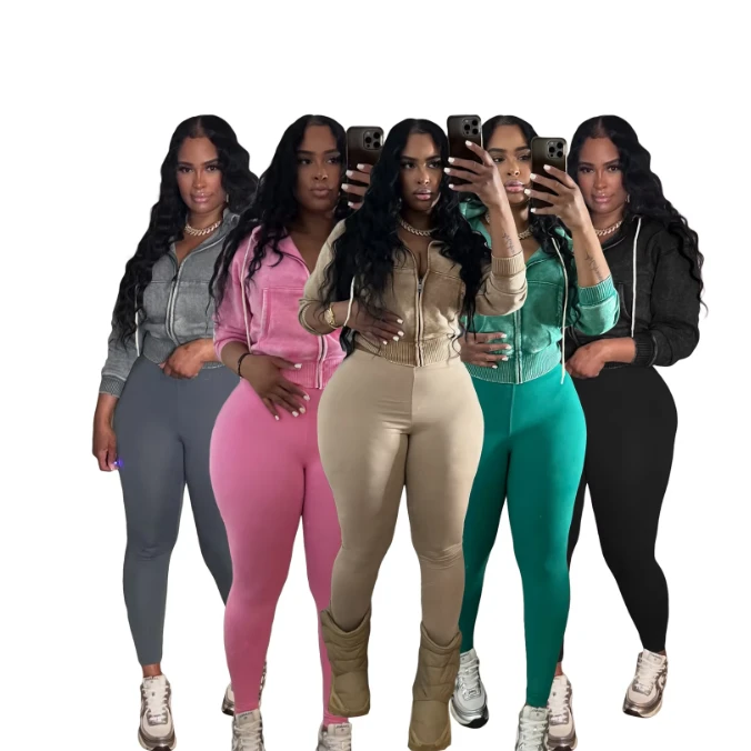 Women's Hooded Long Hat Spandex/Cotton Sports Casual Two-Piece Set Autumn Fitness Yoga Water-Washed Zipper Solid ODM Yoga Pants