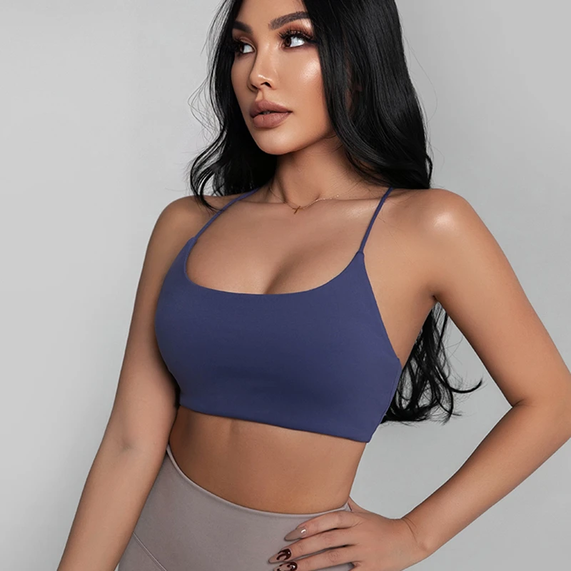 SHINBENE Spaghetti Strap Sports Bra Women Deep U Neck Backless Yoga Bra Cross Back Fitness Underwear