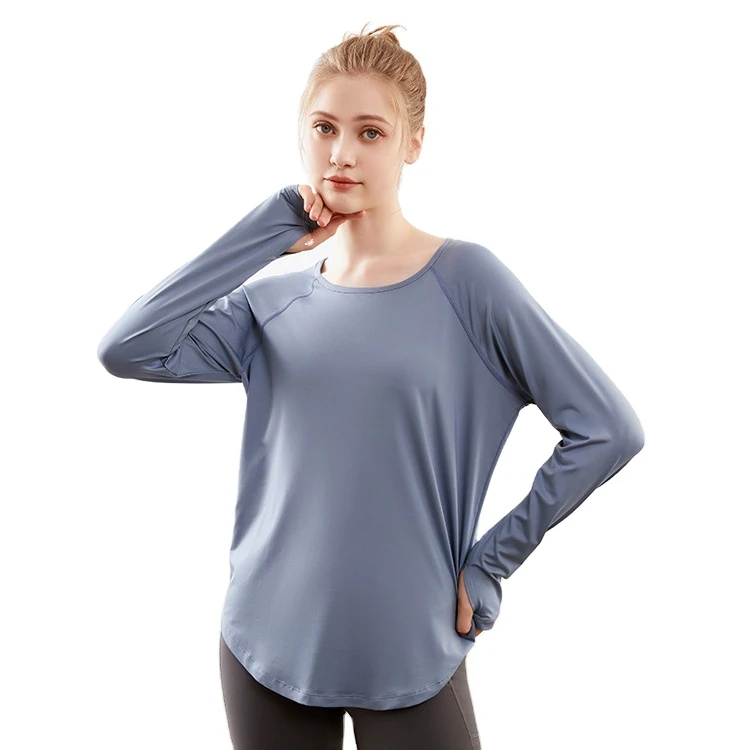 Women Eco-Friendly Loose Hip Yoga Top Back Mesh Hollow Breathable Quick Dry Long Sleeve Custom Logo Design Fitness Tee