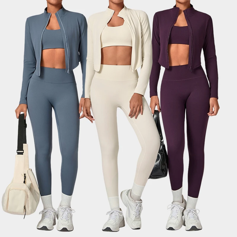 Wholesale 3 Pieces Sets Fitness Workout Custom Logo Square Neck Halter Top Bra Gym Wear Women Breathable High Waist Leggings