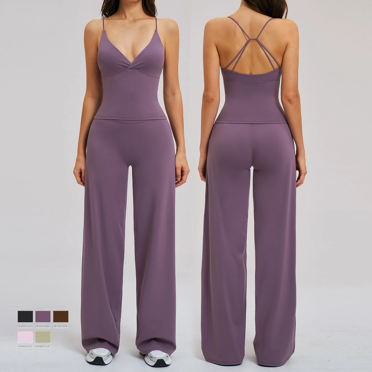 Women'S 2 PC Breathable Lightweight Elastic Waist Solid Flare Leggings Yoga Set Backless Sexy Thin Cross Straps Crop Top Gym Set