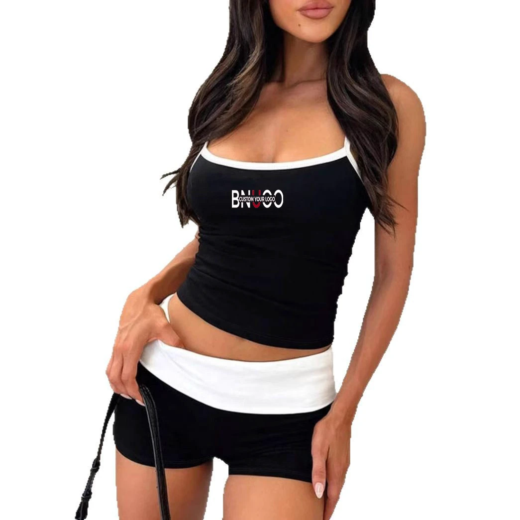 Custom Logo Color Block Loungewear Set Casual Polyester Spandex Sleeveless Baby T-shirt Summer 2 Pieces Shorts Set For Women
