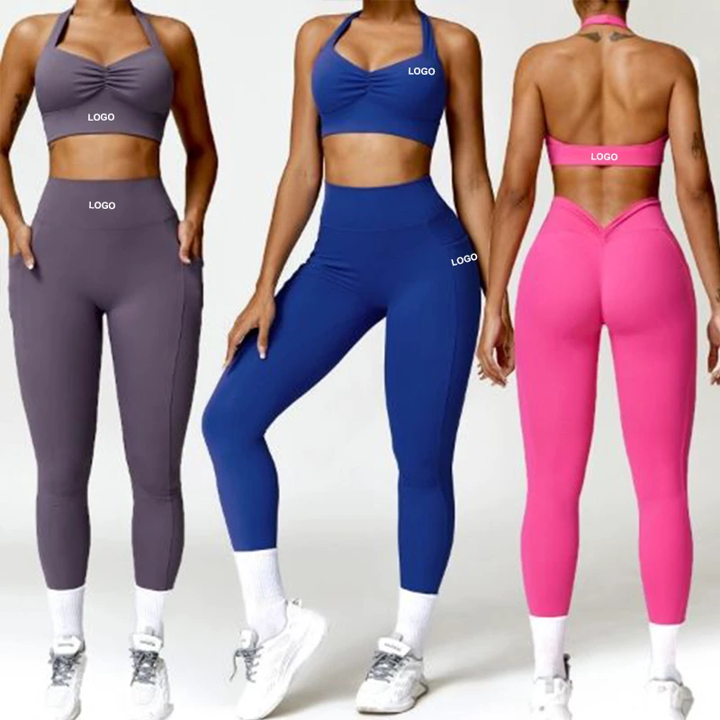Activewear Clothing Two Piece Yoga Sets Elastic Waist High Waist v Back Tight Leggings Sexy Front Twist Halter Sports Bra