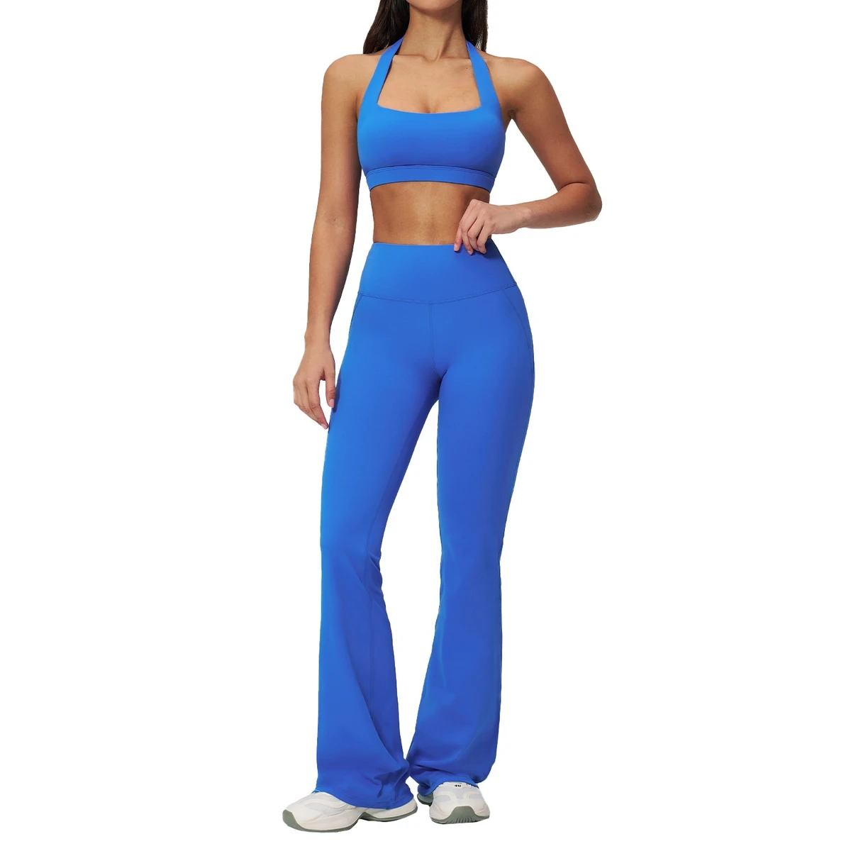 Halter Neck Yoga Set Slim Fit Backless Quick-Drying Fitness Wear Nylon Spandex Solid Color Flared Hem Elastic Waist Ankle-Length
