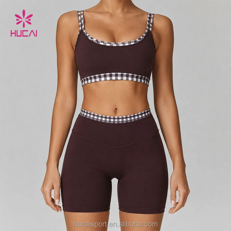 ODM Custom Pattern Contrast Plaid Trim Straps Polka Dots Print Scoop Neck Double Layer Sports Bra Fitness Women Workout Yoga Set