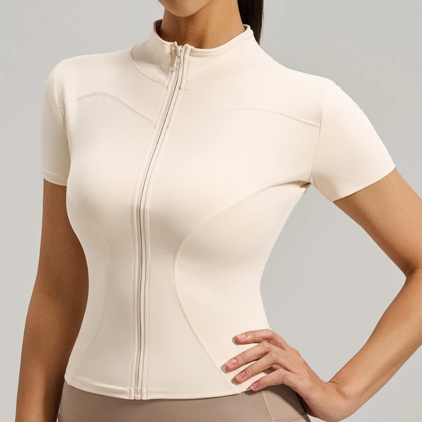 Wholesale Women's Mock Neck Full Zip Yoga Top Short Sleeve SKINNY Fit Quick Dry Workout Shirt Breathable Gym Plus Size