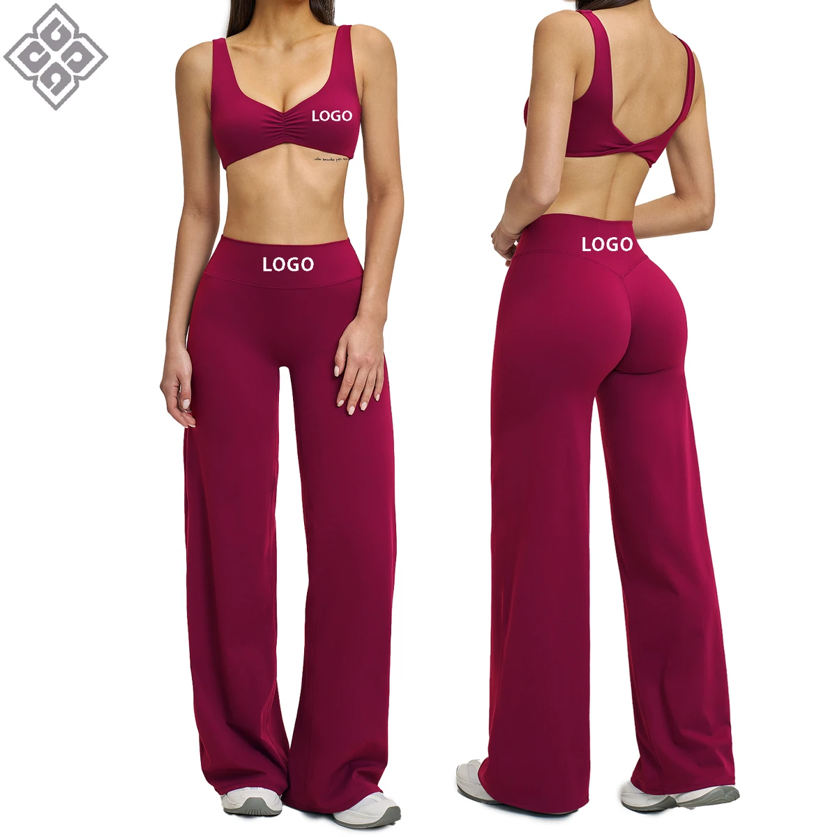 Women Brushed Yoga Set V Neck Sports Bra High Waist Flare Wide Leg Pants 2 Piece Running Gym Fitness Workout Activewear Suit