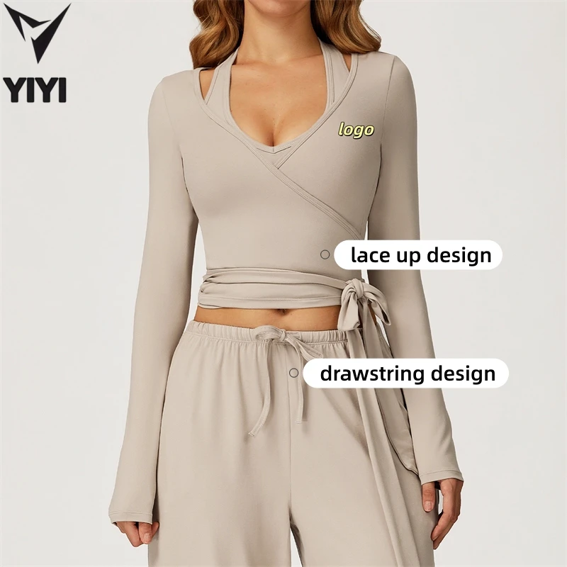 v Neck Long Sleeve Soft Comfortable One Pieces Strapped Wrap Yoga Tops Custom logo Women Sport Smock Tops