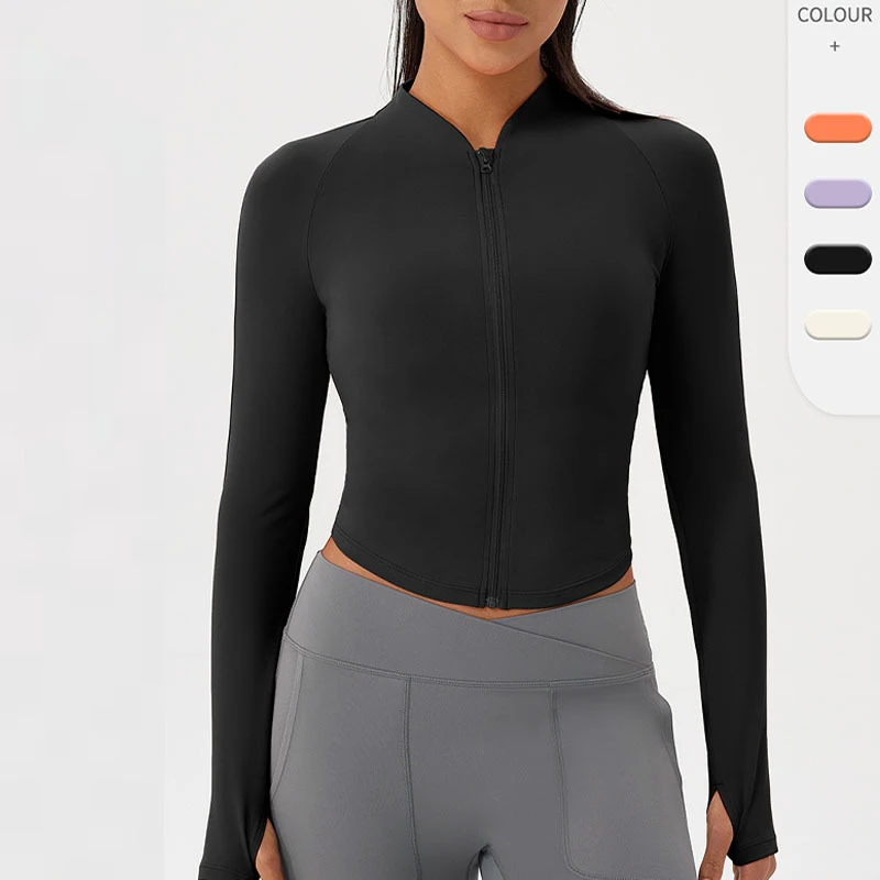 New Custom Active Fitness Yoga Sports Wear Women Nude Feeling Solid Stand Collar Long Sleeve Zip Workout Womens Top