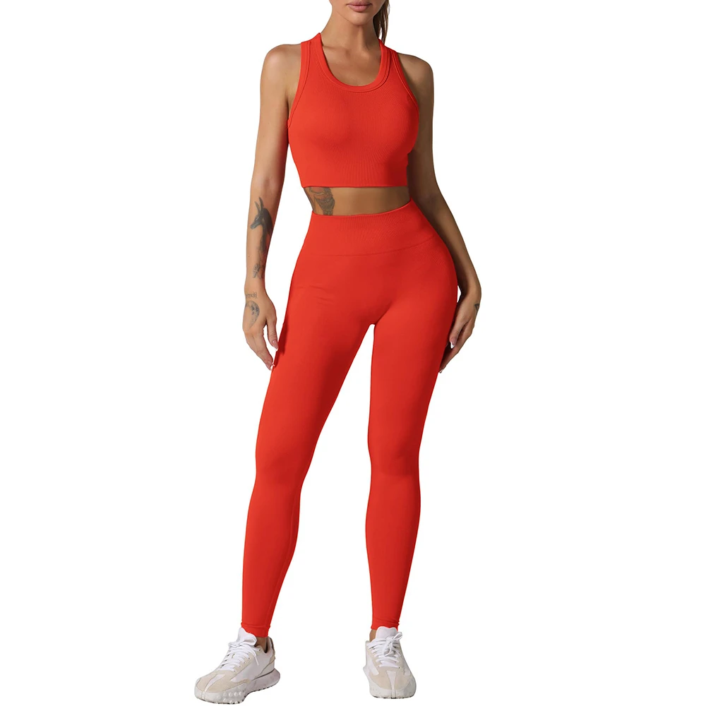 Women High Quality 2 Piece Yoga Set Solid Color Breathable Spandex Nylon Four Way Stretch High Waist Women Yoga Set