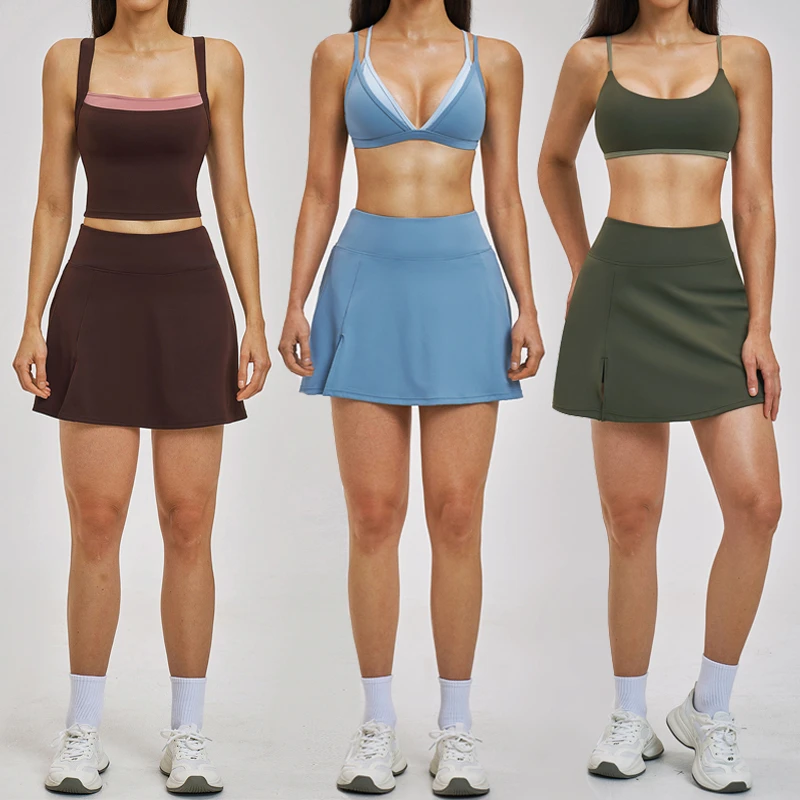 Naked Feeling Tennis Set Skirt With Side Pocket Breathable Outdoor Sportswear Women Contrast Color Fitness Bra Set