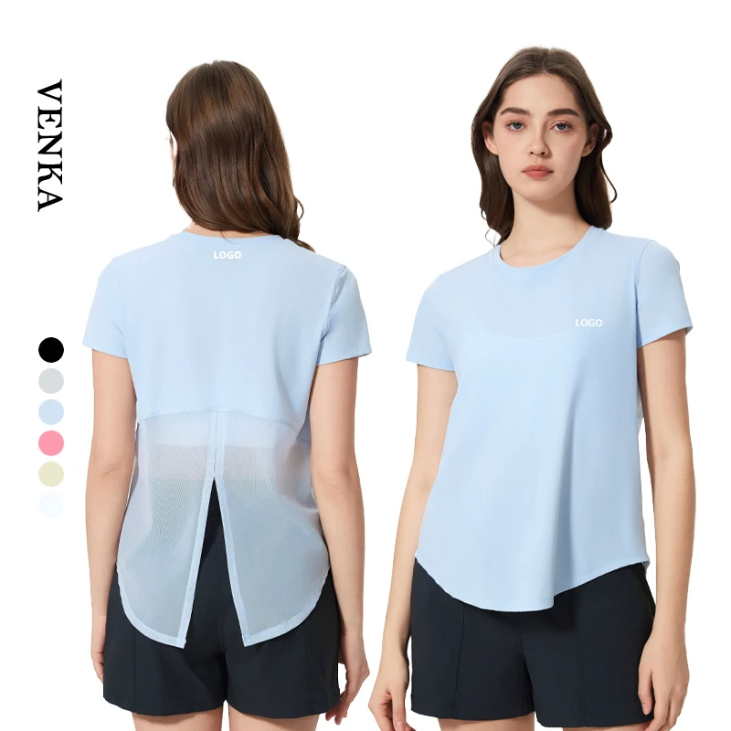 Women's Casual Summer Cooling Yoga Top Quick Dry Short Sleeve T-Shirt with Mesh Slit Design on Back Breathable and Seamless