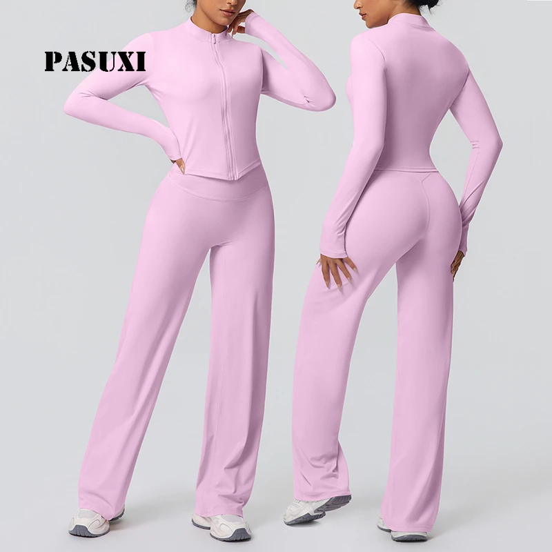 PASUXI Naked Feeling Yoga Set Nylon Brushed 2 Piece Running Tracksuit Women Zipper Jacket Sports Gym Wear