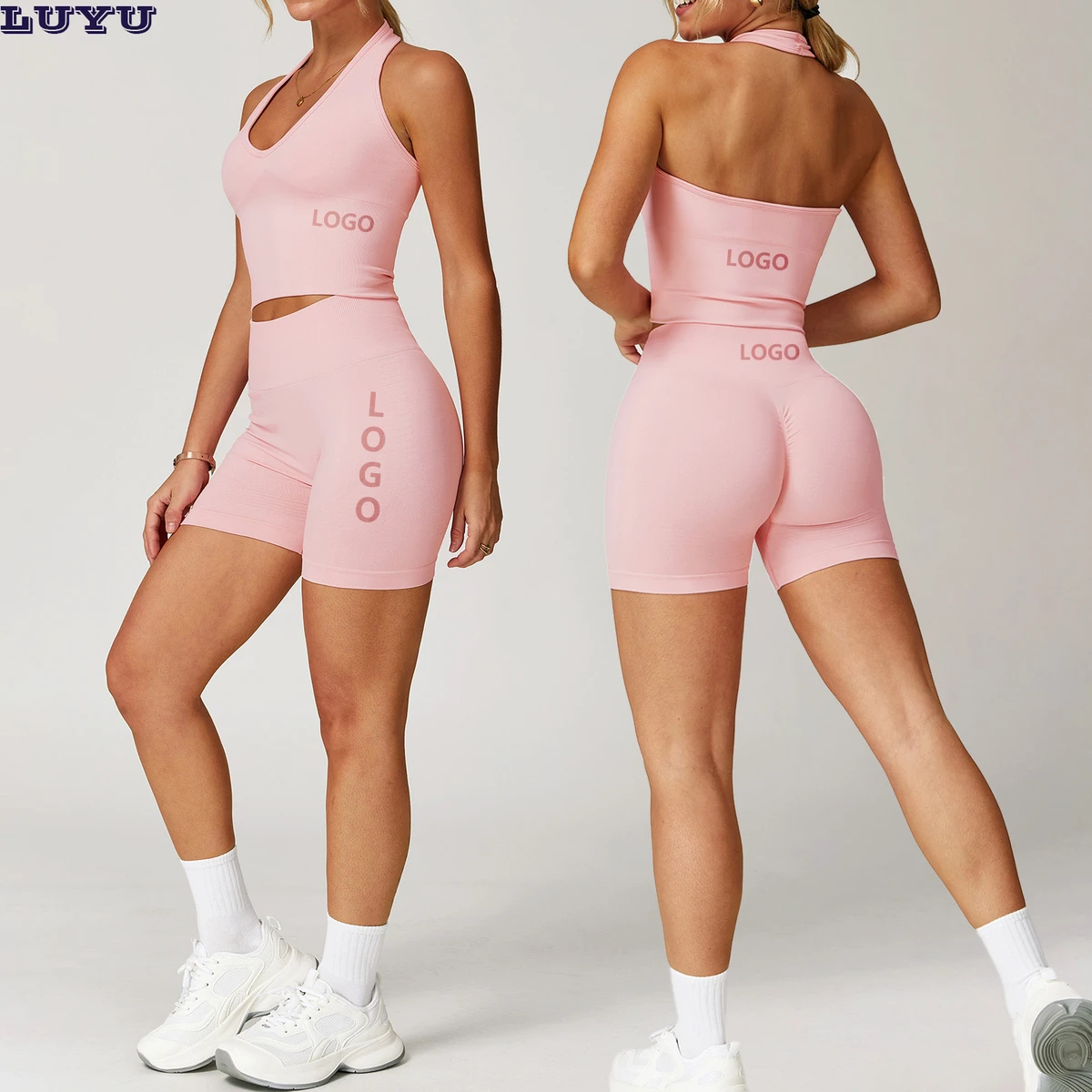 Hot New Design Seamless Halter Beauty Back Tank Top Ruched Booty Push up Yoga Sets Training Pilates Clothing