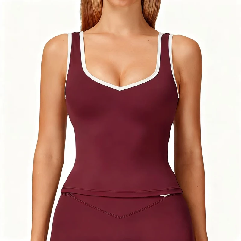 V-neck v Back Sleeveless Vest Tank Women Slim Fit Sports Bra Top Color Contrast Long Bras Yoga Running Tops for Gym Tennis