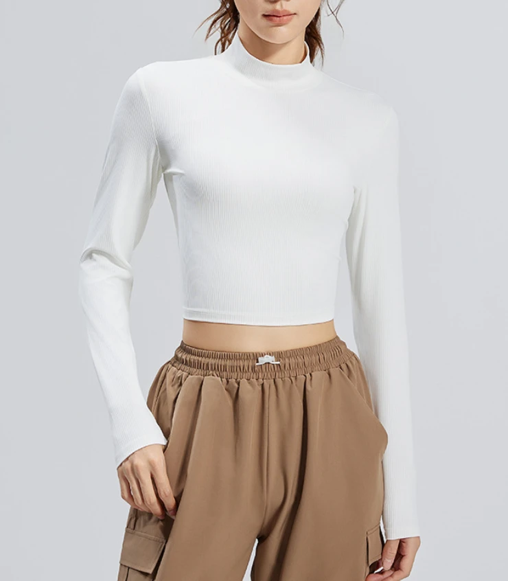Striped Women's Yoga Long-Sleeve Turtleneck Regular Fit Spandex/Polyester Anti-UV Quick Dry Sweat-Wicking Breathable