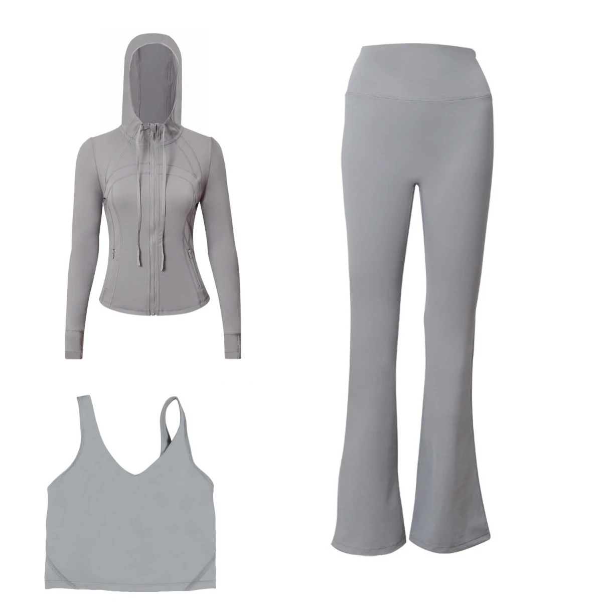 Original Brand Three-Piece Sports Set Flared Pants Jacket U-Back Bra-Solid Pattern Fitness Yoga Gear Front Logo Breathable