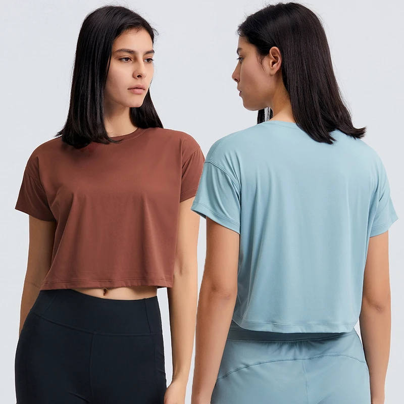 Shinbene Sexy Midriff-baring Loose Fit Gym Yoga Sport Crop T-shirt Crew Neck Fitness Crop Tops