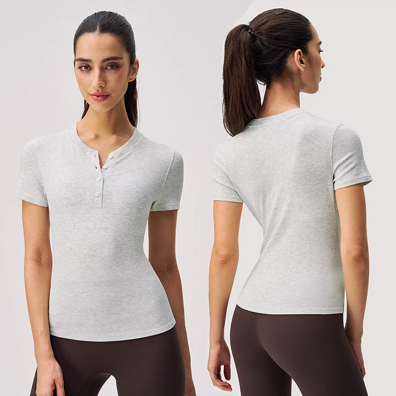 YBO-DX06 Custom Wholesale Yoga Short Sleeve Women's Henley Shirt Button Half Open Collar Ribbed Slim Fit Sports Fitness T-shirt