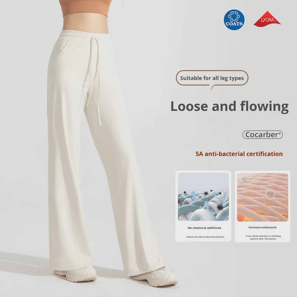 Antibacterial Wrinkle-Resistant Spandex/Nylon Solid Drawstring Pocket Straight Women's High Waist Sports Fitness Pants Loose