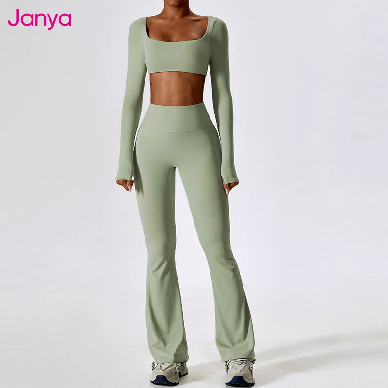 Janya Breathable Sports Solid Women's Gym Fitness Sets Quick Dry Long Sleeve Yoga Crop Top Flare Yoga Leggings 2 Piece Set
